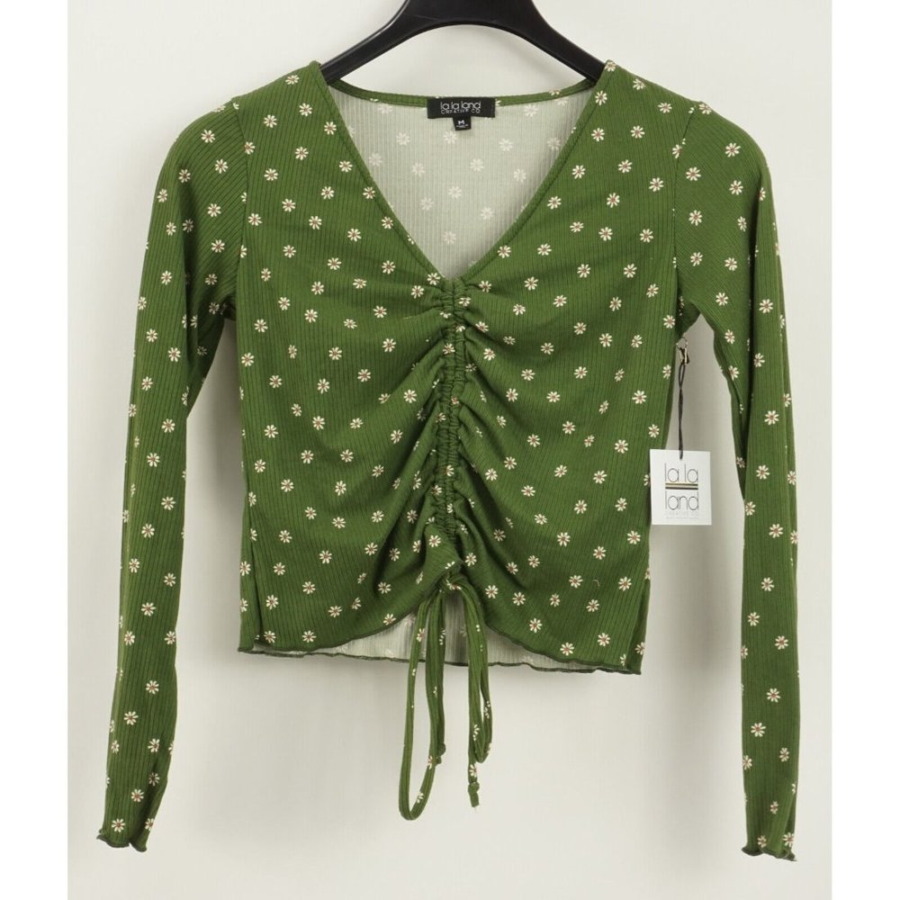 New La La Land Women's M Green Floral Ruched Tie Waist‎ Rib Knit V-Neck Crop Top